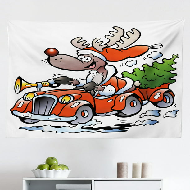 Reigndeer Family Father in Retro Red Car and Tree Kids Doodle Drawing Artwork Area Rugs Gray White 20 x 48 Christmas Bathroom Mat 
